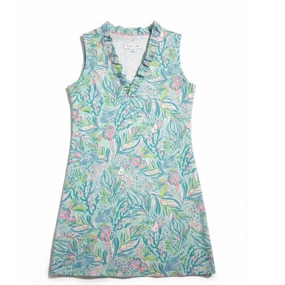 Ana Clare Summer Beachy Women's size Medium Shift Ruffle Dress Oceanus Fish Reef
